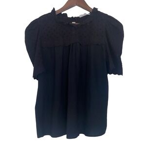 Solitaire Eyelet Puff Sleeve Womens Blouse Large Black Ruffle Neck Cotton Top